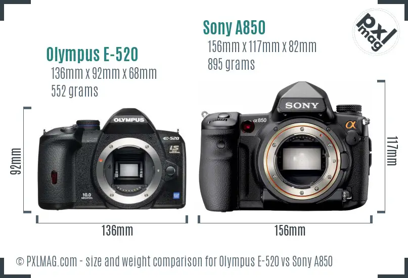Olympus E-520 vs Sony A850 size comparison