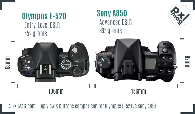 Olympus E-520 vs Sony A850 top view buttons comparison