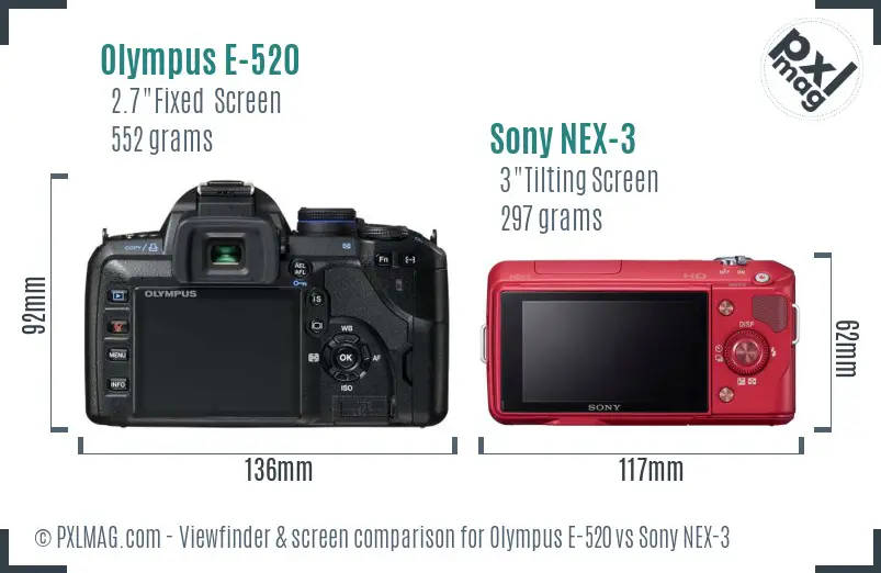 Olympus E-520 vs Sony NEX-3 Screen and Viewfinder comparison