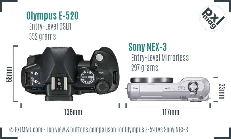 Olympus E-520 vs Sony NEX-3 top view buttons comparison