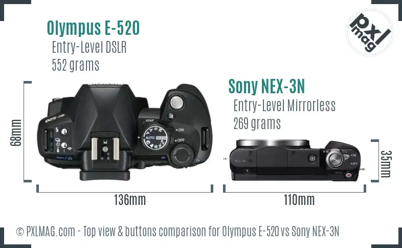 Olympus E-520 vs Sony NEX-3N top view buttons comparison