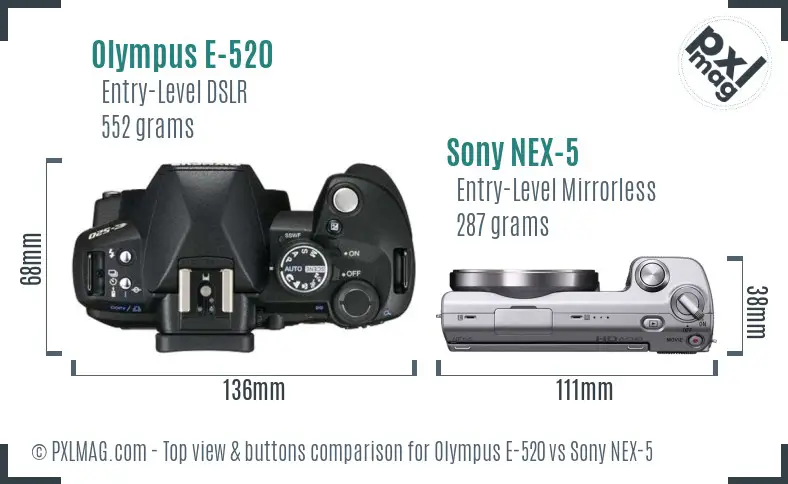 Olympus E-520 vs Sony NEX-5 top view buttons comparison