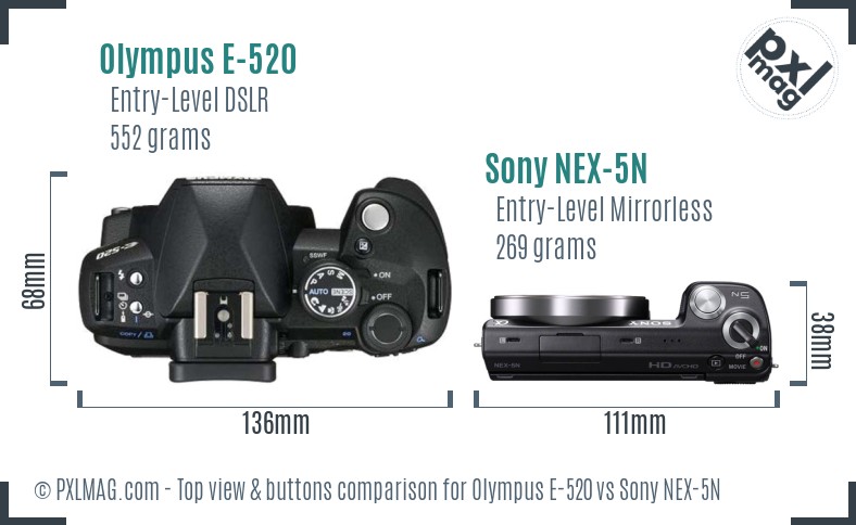 Olympus E-520 vs Sony NEX-5N top view buttons comparison