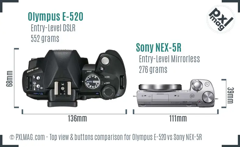 Olympus E-520 vs Sony NEX-5R top view buttons comparison