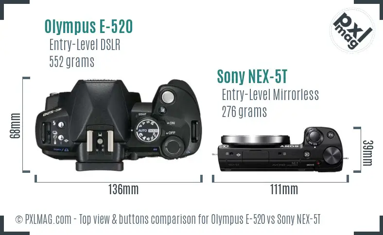 Olympus E-520 vs Sony NEX-5T top view buttons comparison