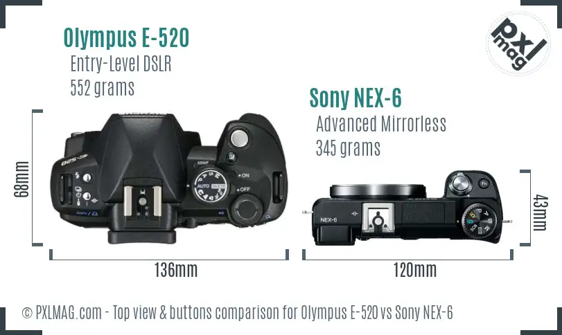 Olympus E-520 vs Sony NEX-6 top view buttons comparison