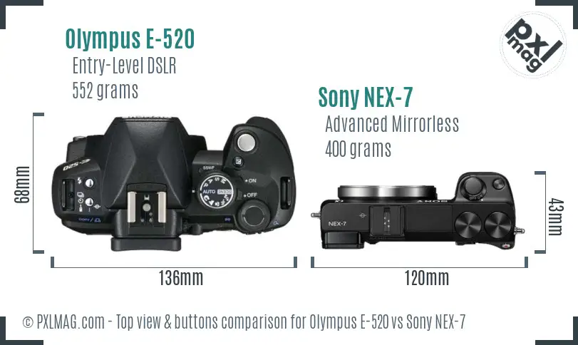 Olympus E-520 vs Sony NEX-7 top view buttons comparison