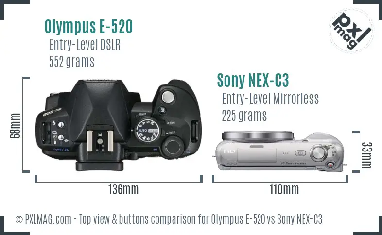 Olympus E-520 vs Sony NEX-C3 top view buttons comparison