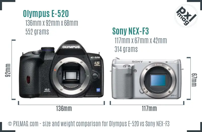 Olympus E-520 vs Sony NEX-F3 size comparison