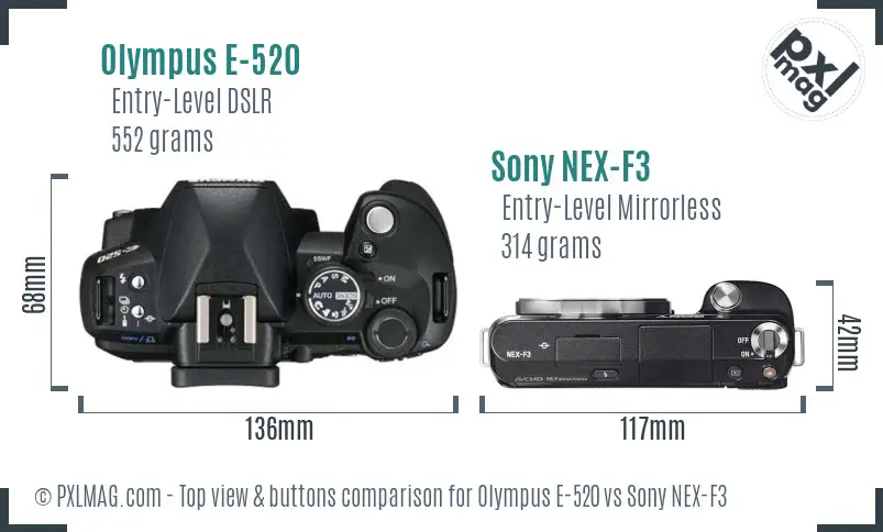 Olympus E-520 vs Sony NEX-F3 top view buttons comparison