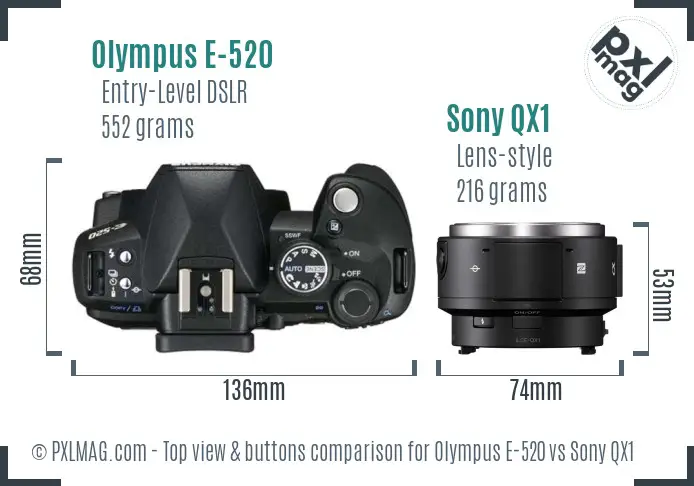 Olympus E-520 vs Sony QX1 top view buttons comparison