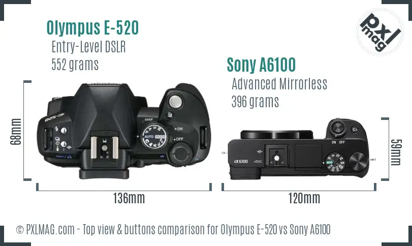 Olympus E-520 vs Sony A6100 top view buttons comparison
