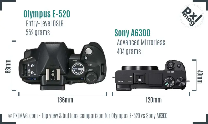 Olympus E-520 vs Sony A6300 top view buttons comparison