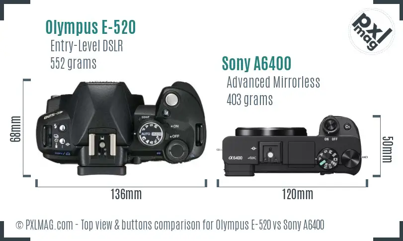 Olympus E-520 vs Sony A6400 top view buttons comparison