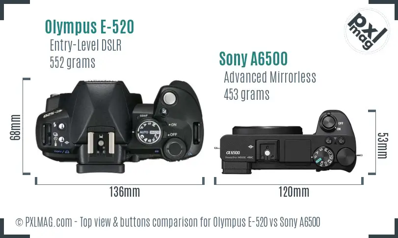 Olympus E-520 vs Sony A6500 top view buttons comparison