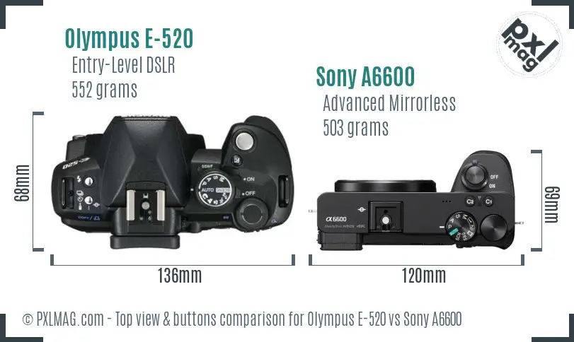 Olympus E-520 vs Sony A6600 top view buttons comparison