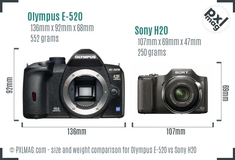 Olympus E-520 vs Sony H20 size comparison