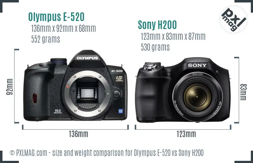 Olympus E-520 vs Sony H200 size comparison