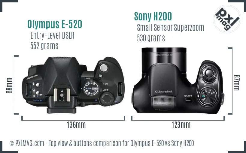Olympus E-520 vs Sony H200 top view buttons comparison