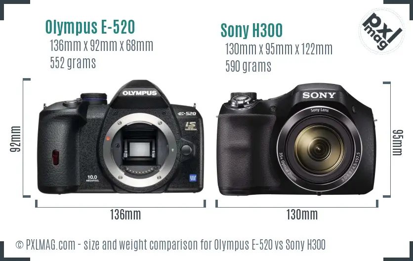 Olympus E-520 vs Sony H300 size comparison