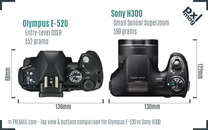 Olympus E-520 vs Sony H300 top view buttons comparison