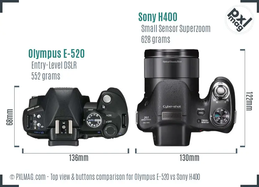 Olympus E-520 vs Sony H400 top view buttons comparison