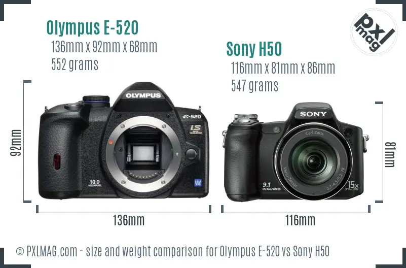 Olympus E-520 vs Sony H50 size comparison