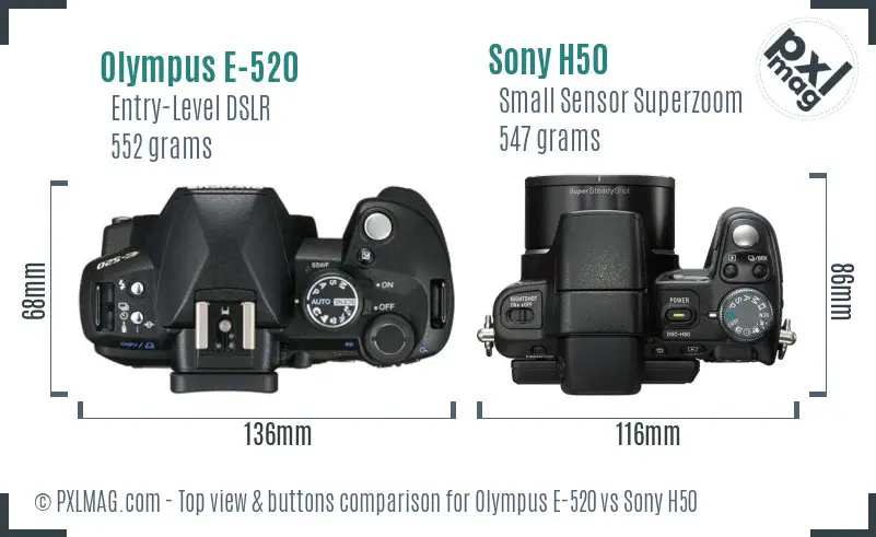 Olympus E-520 vs Sony H50 top view buttons comparison