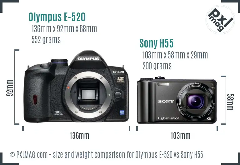 Olympus E-520 vs Sony H55 size comparison