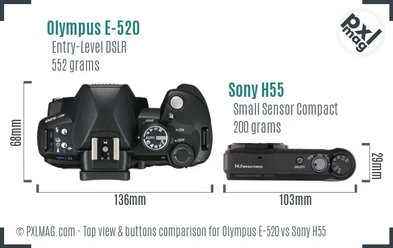 Olympus E-520 vs Sony H55 top view buttons comparison