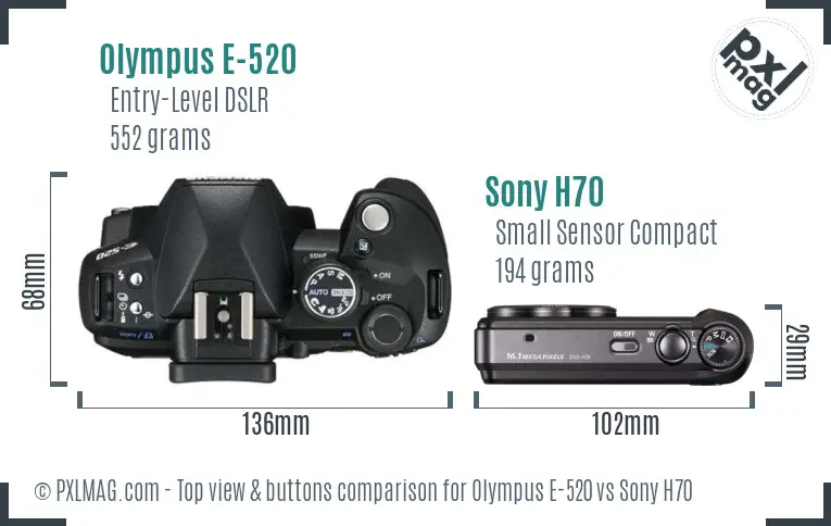 Olympus E-520 vs Sony H70 top view buttons comparison