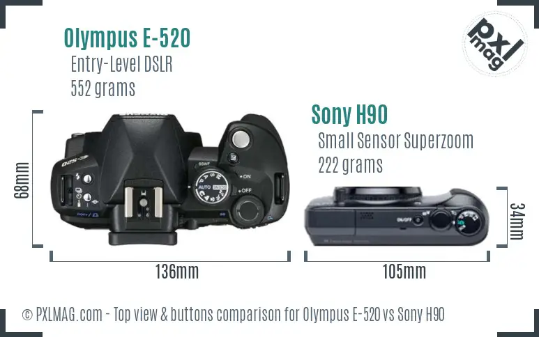 Olympus E-520 vs Sony H90 top view buttons comparison