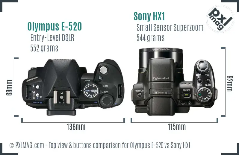 Olympus E-520 vs Sony HX1 top view buttons comparison