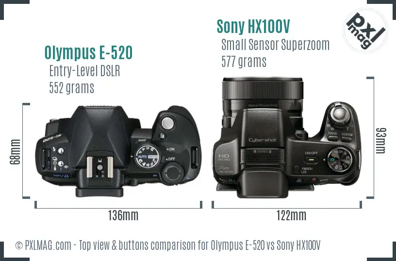 Olympus E-520 vs Sony HX100V top view buttons comparison
