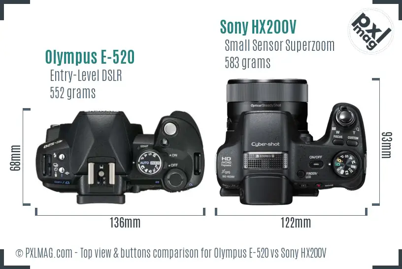 Olympus E-520 vs Sony HX200V top view buttons comparison