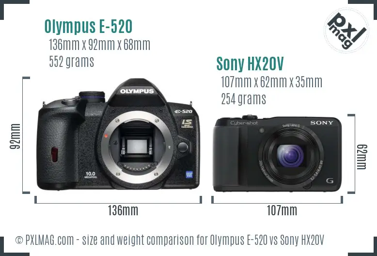 Olympus E-520 vs Sony HX20V size comparison