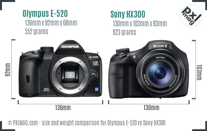 Olympus E-520 vs Sony HX300 size comparison