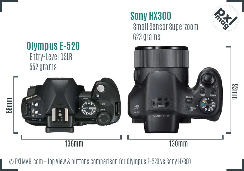 Olympus E-520 vs Sony HX300 top view buttons comparison