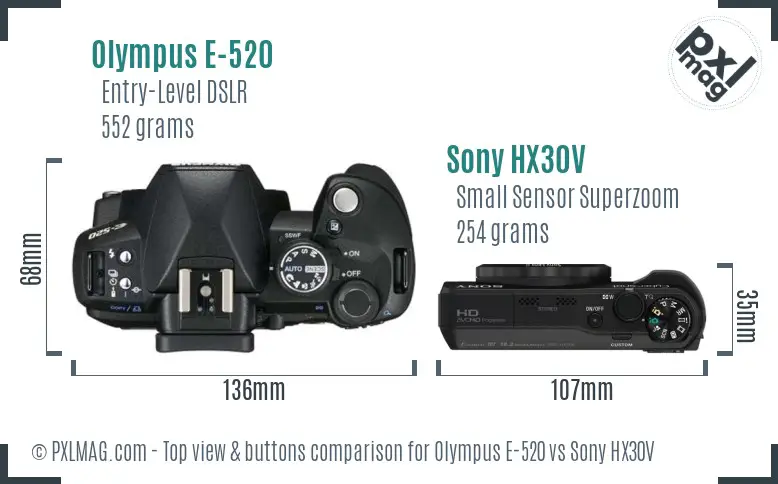 Olympus E-520 vs Sony HX30V top view buttons comparison