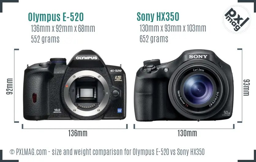 Olympus E-520 vs Sony HX350 size comparison
