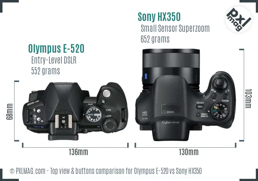 Olympus E-520 vs Sony HX350 top view buttons comparison