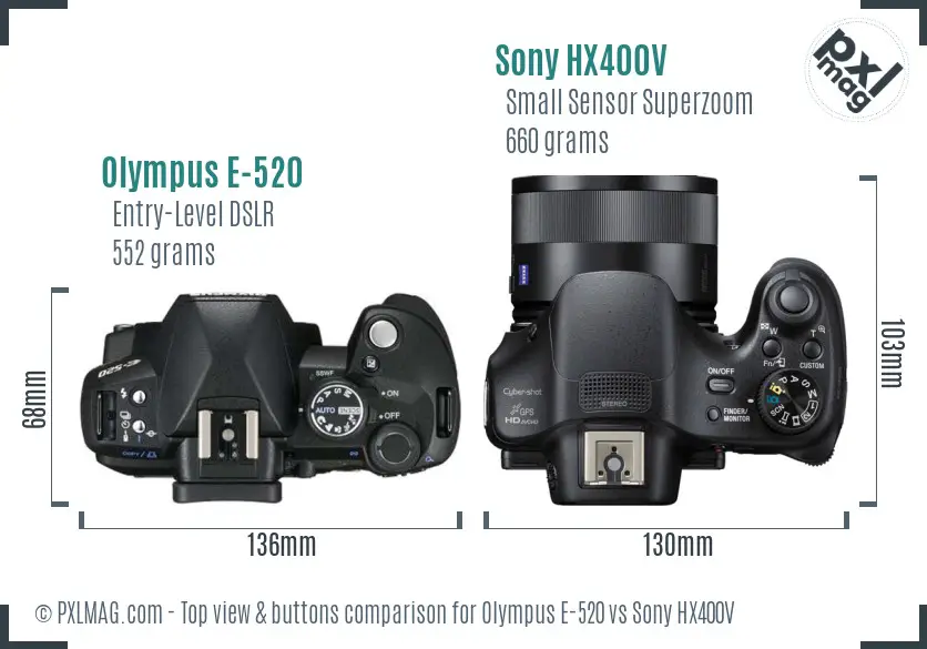 Olympus E-520 vs Sony HX400V top view buttons comparison