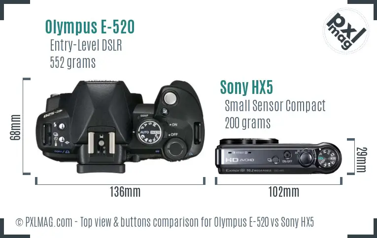 Olympus E-520 vs Sony HX5 top view buttons comparison