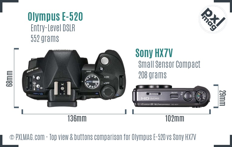 Olympus E-520 vs Sony HX7V top view buttons comparison