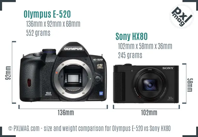 Olympus E-520 vs Sony HX80 size comparison