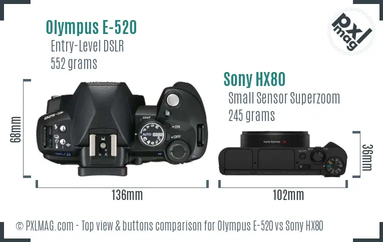 Olympus E-520 vs Sony HX80 top view buttons comparison
