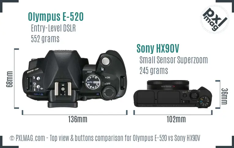 Olympus E-520 vs Sony HX90V top view buttons comparison