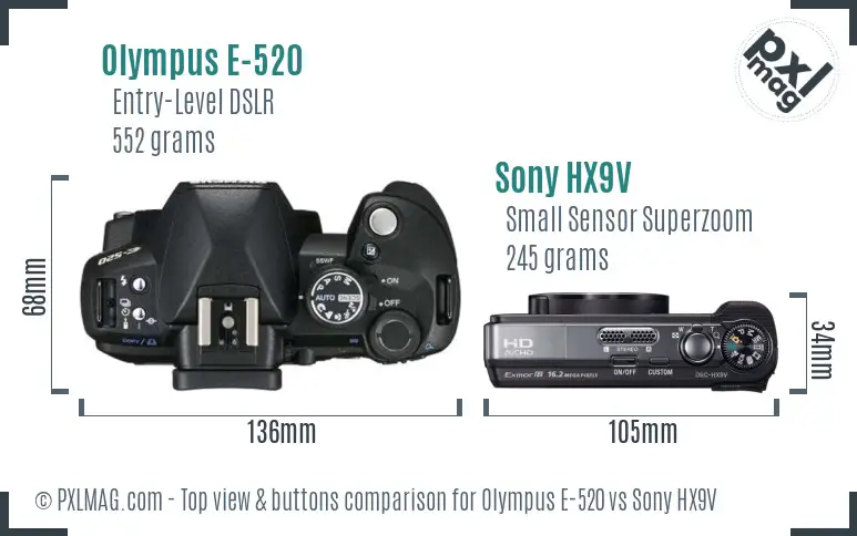 Olympus E-520 vs Sony HX9V top view buttons comparison