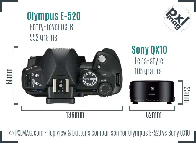 Olympus E-520 vs Sony QX10 top view buttons comparison