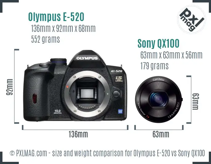 Olympus E-520 vs Sony QX100 size comparison